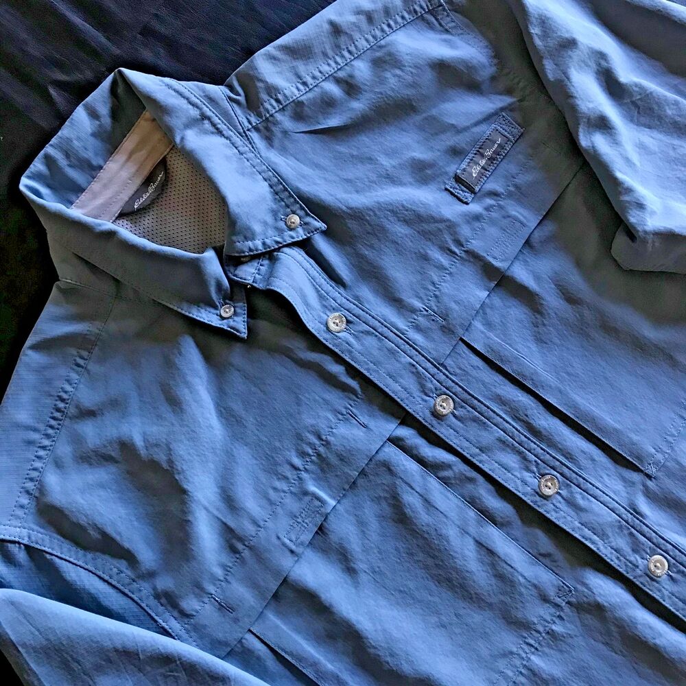 Eddie Bauer Mens M Light Blue Short Sleeve Vented Fishing Hiking Shirt PFG Style